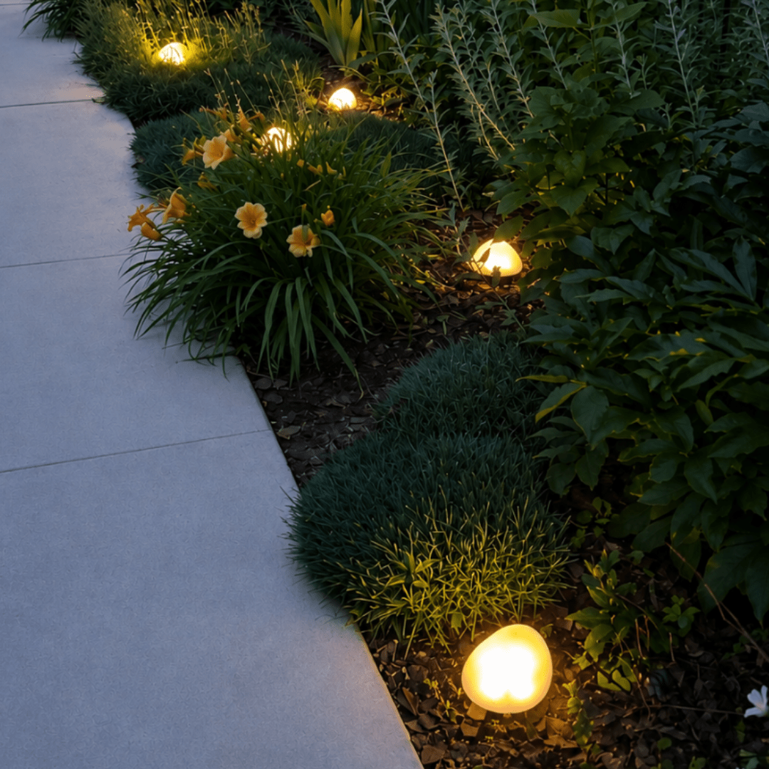 Row of solar stone lights lining a walkway border at night, glowing warm white among fall plantings