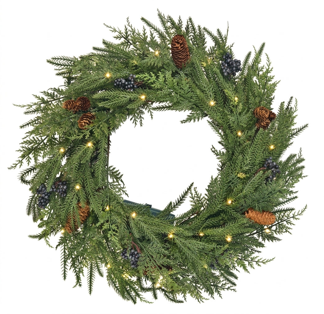 Soft touch Norfolk pine and cedar tips in a wreath shape adorned with lifelike blue berry clusters, real pinecone clusters, and warm white fairy LED lights
