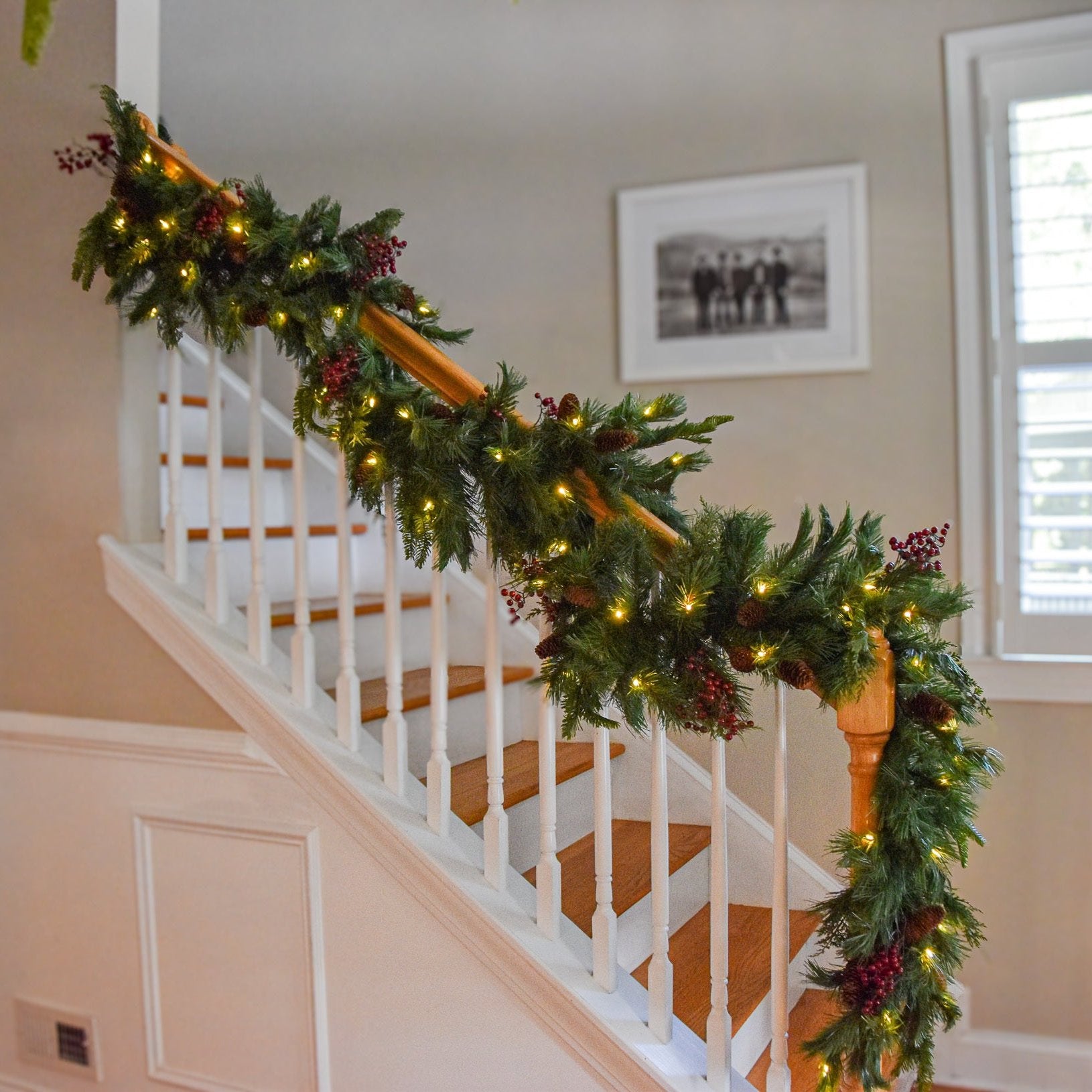 A Bannister bundle of two matching plug-in garlands running the length of a staircase railing