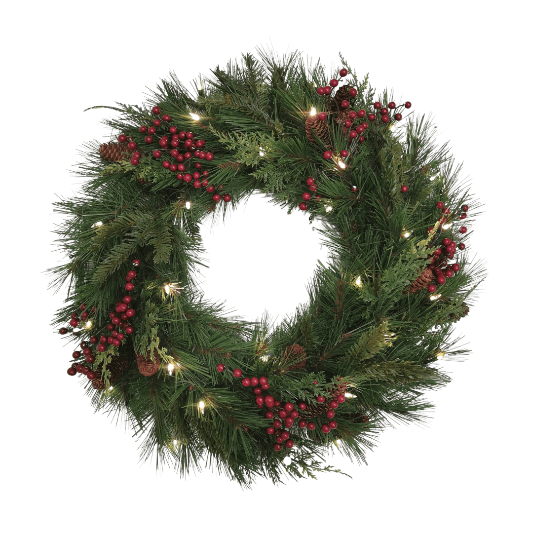 24 inch battery-operated Plymouth wreath with red berry clusters, cedar tips, and warm white LED lights