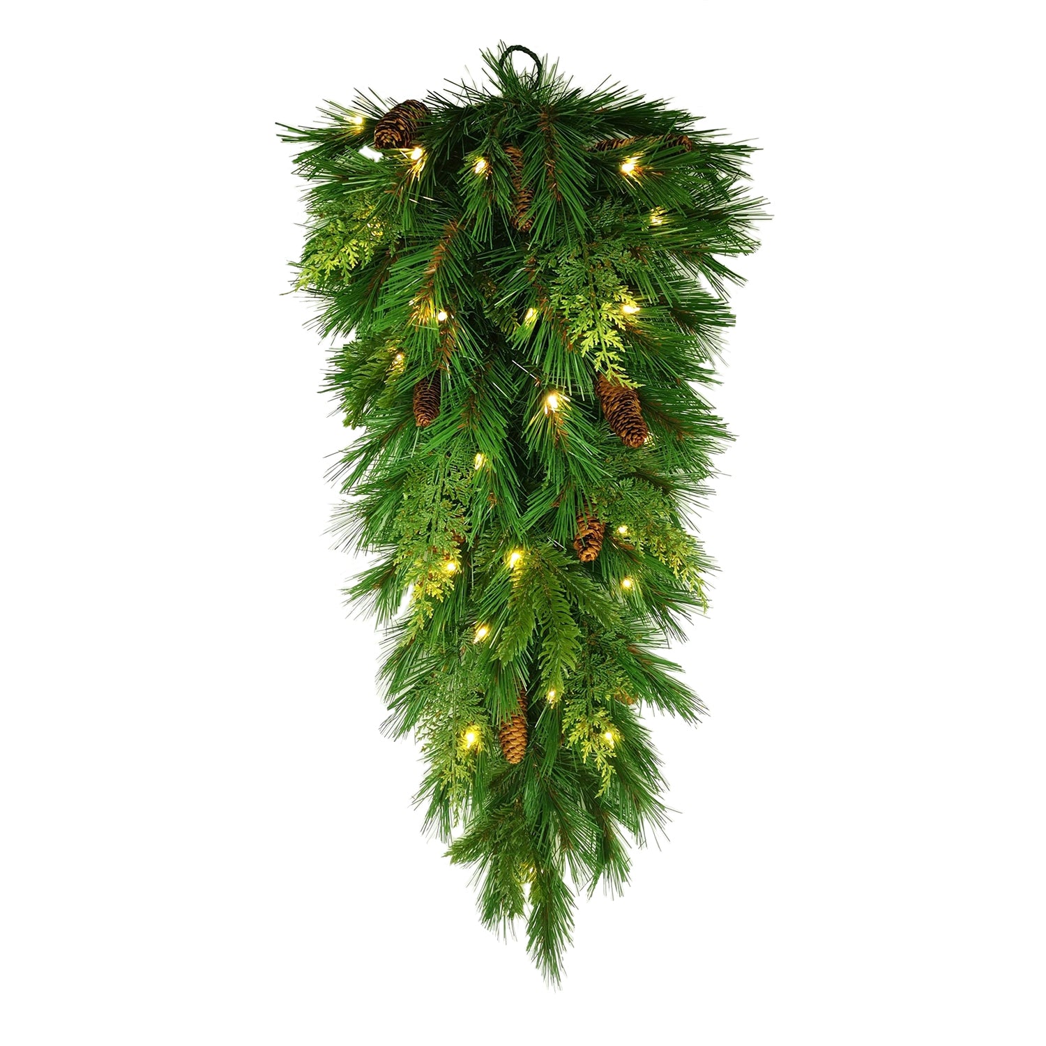 Battery operated Aspen mixed cedar teardrop swag lit in warm white with real pinecones