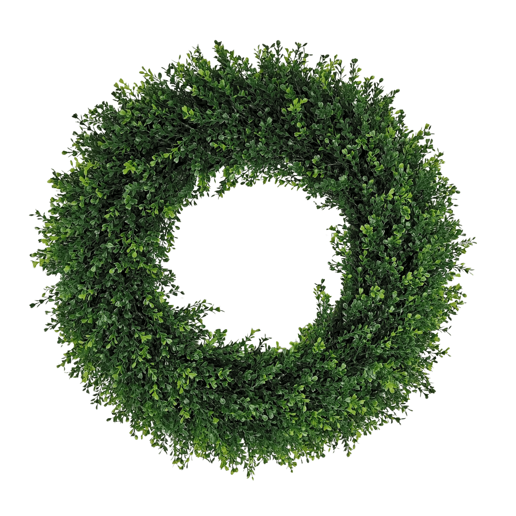 Close product view of an artificial boxwood wreath showing dense two-tone heart-shaped leaf texture