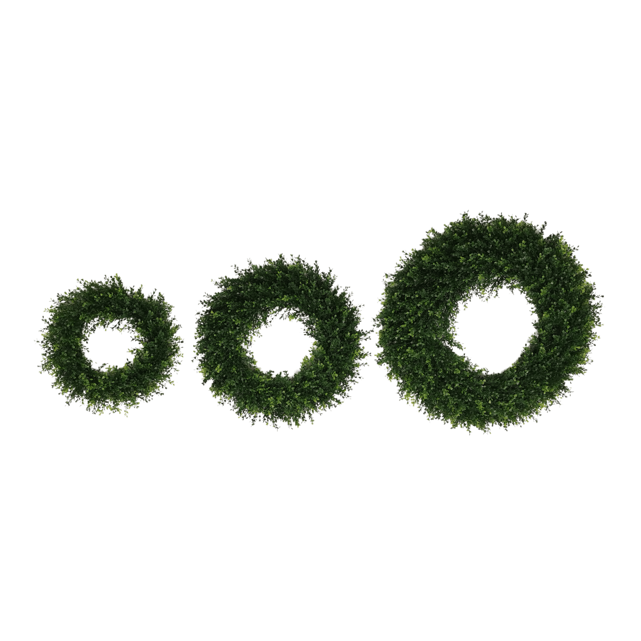 Artificial boxwood wreaths shown in three sizes side by side