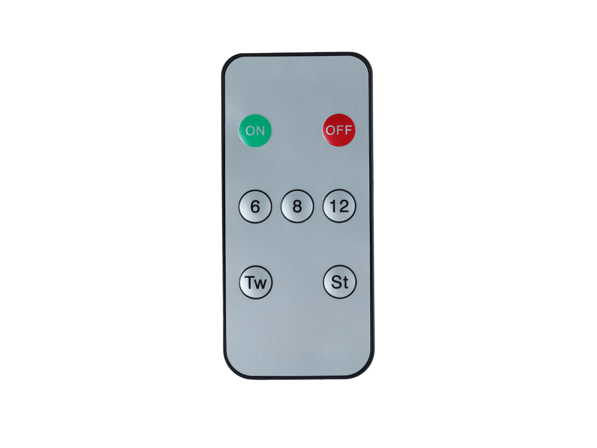 Window candle remote with 6, 8, and 12 hour timer buttons and steady and shimmer modes