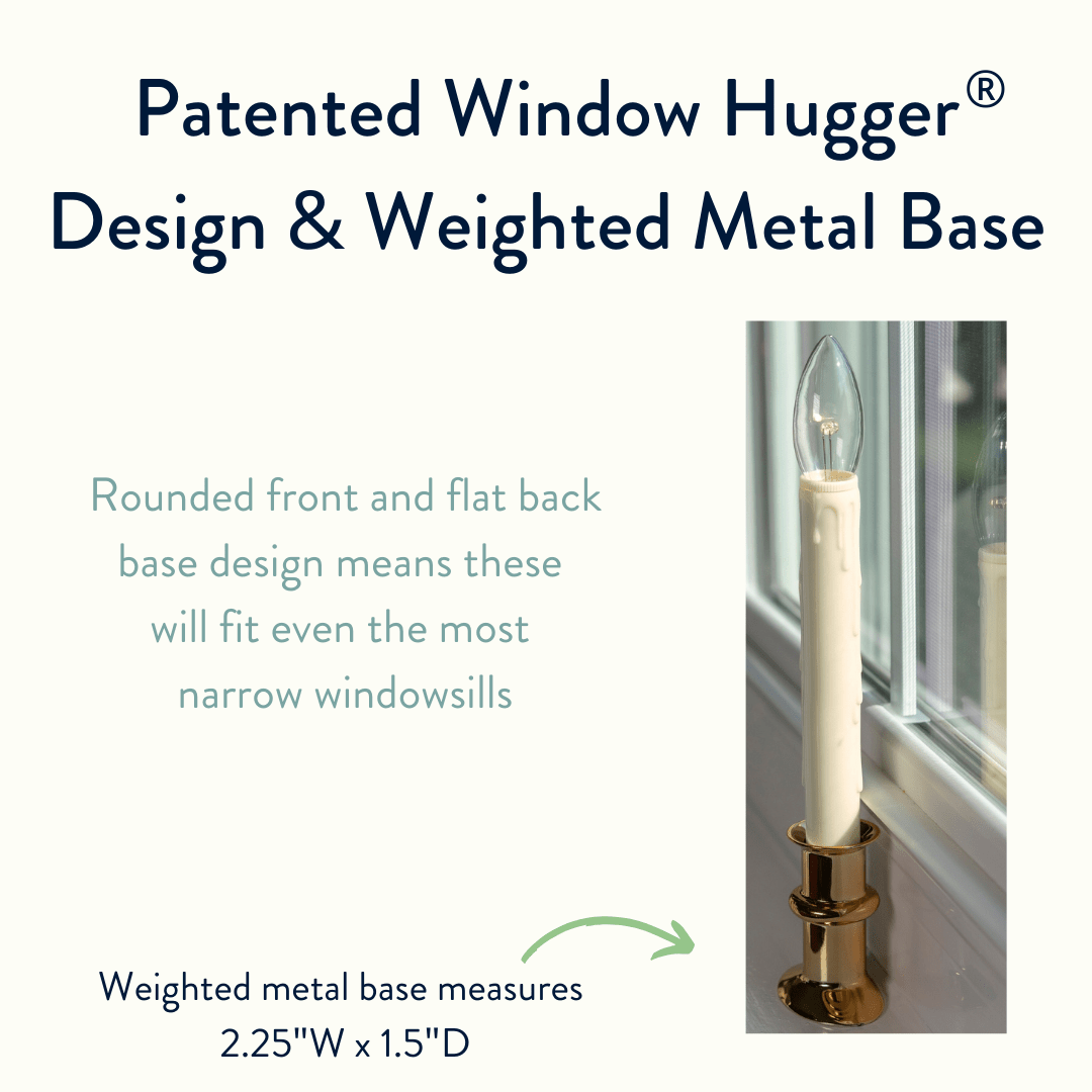 Diagram of the patented Window Hugger base: rounded front, flat back, weighted metal base that fits sills as narrow as 1.5 inches