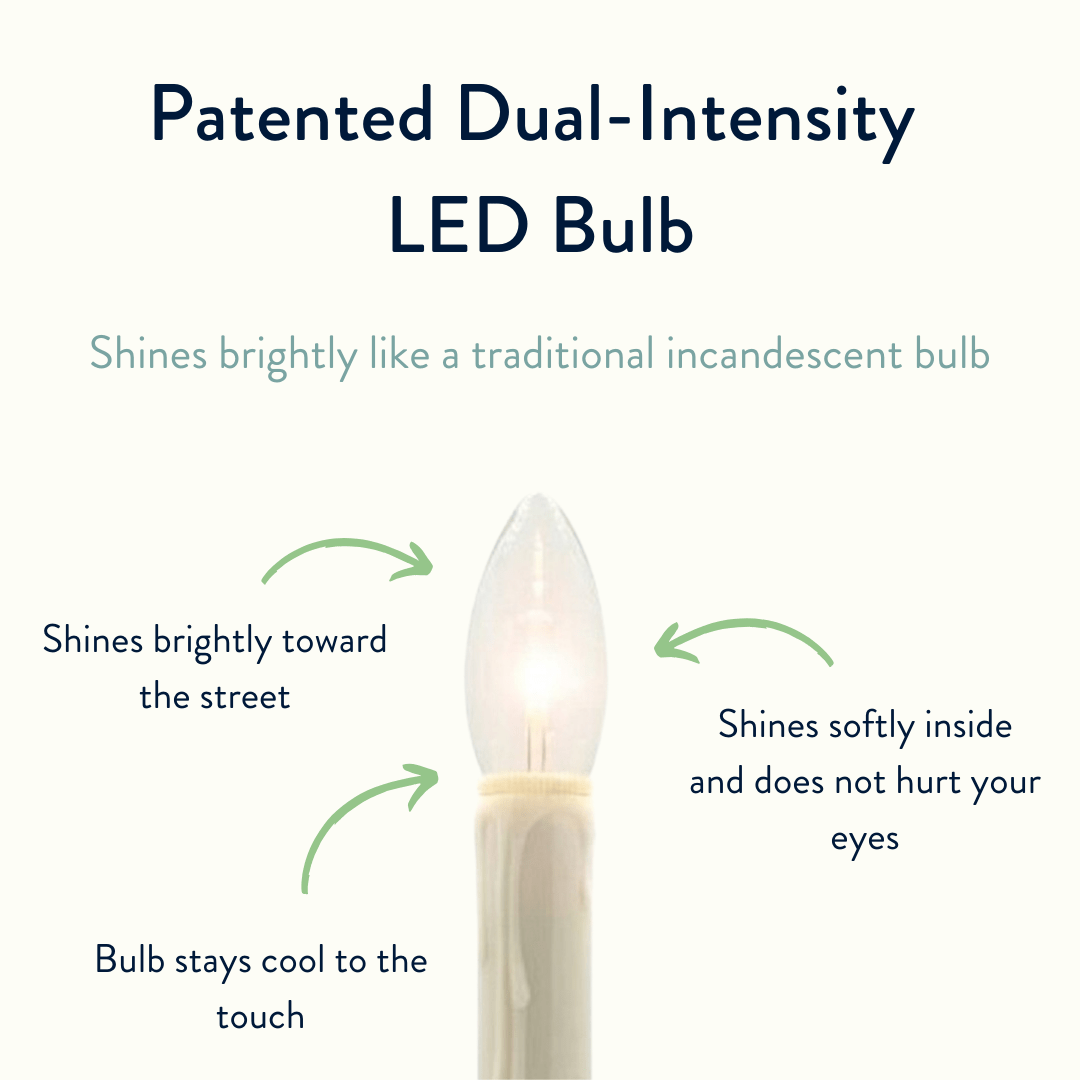 Diagram of a bi-directional window candle bulb sending brighter light toward the street and softer light back into the room